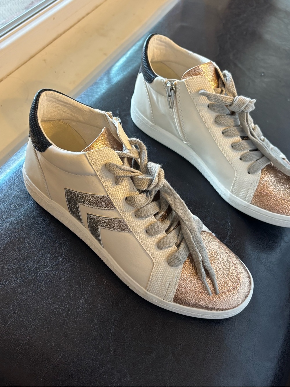 Dolce Vita Ivory Sneakers with Rose Gold Toe & Silver Chevron